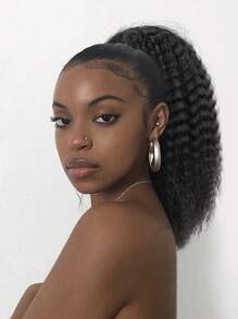 16 Inch Curly Yaki Ponytail Extension, Water Wave Drawstring Ponytail, Suitable For Natural Black Drawstring Ponytail, Synthetic African Straight Ponytail, Thanksgiving Gift (1B#), Suitable For Daily, Party, Halloween, Cosplay - Natural Black - View 4