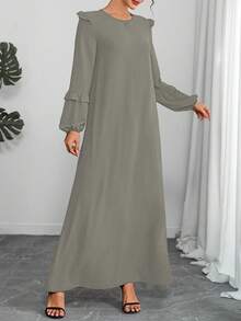 Casual Patchwork Lantern Sleeve Ruffle Hem Arabian Dress, Modest - Green - View 8