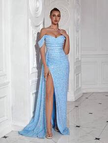 Ruffle Off-Shoulder Slit Sequin Long Cocktail Dress With Long Ribbon, Elegant And Charming For Dates And Galas - Baby Blue - View 3