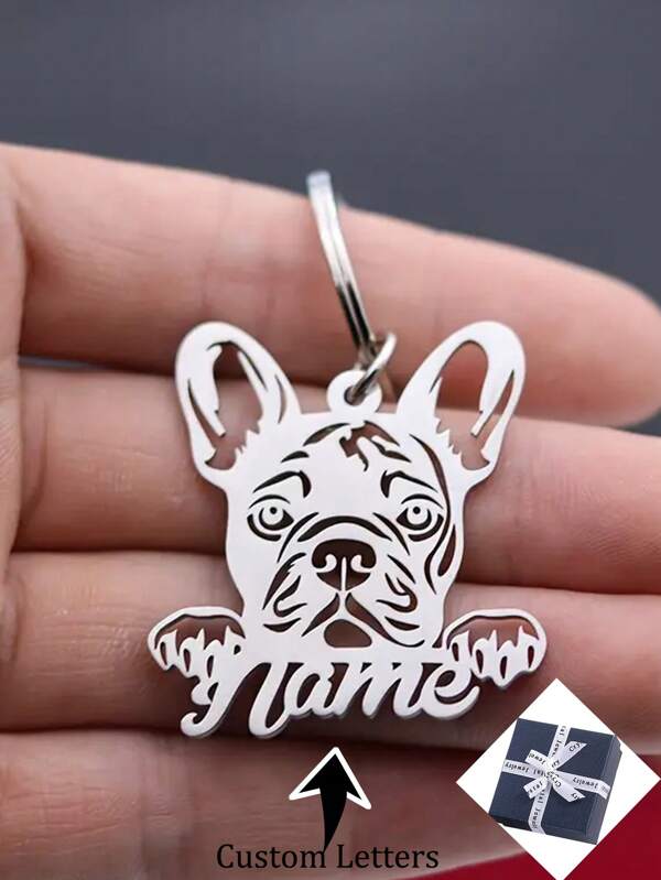1 pieza Llavero personalizado con perro Bulldog francés con grabado de nombre, colgante con forma de mascota perro de estilo elegante, joyería de acero inoxidable personalizada, regalo de cumpleaños para hombres