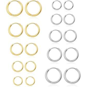 10 Pairs Silver Hoop Earrings Set For Women Surgical Steel Hoop Earrings Lightweight Hypoallergenic Tiny Small Hoops (8mm 10mm 12mm 14mm 16mm)