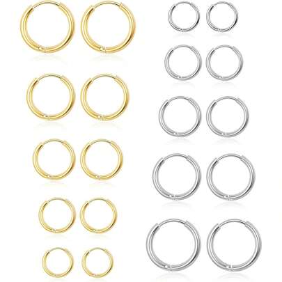10 对银质环形耳环套装，女士医用钢环形耳环，轻质防过敏微型小环形耳环（8 毫米 10 毫米 12 毫米 14 毫米 16 毫米）