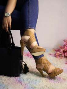 Tacones altos de mujer, estilo de tiras entrecruzadas, correa de tobillo cómoda y elegante, tacones altos de mujer con talón abierto - Camel - Ver 4