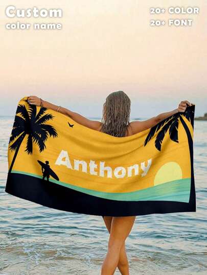 1 pieza Toalla de playa personalizada con nombre, súper absorbente y de secado rápido, manta de playa ligera y suave, adecuada para playa, natación, exterior, campamento y viajes, artículo esencial de playa e insumos de vacaciones