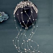 1pc Elegant Silver Pearl Crystal Tassel Headband, Handmade Shiny Bridal Headdress Accessories Suitable For Wedding, Party, All Seasons