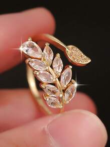 1 Pc Fashionable Leaf Shape CZ Openable Ring Rings For Women Girl Daily Commute Banquet Prom Party Jewelry Gift - Gold - View 6