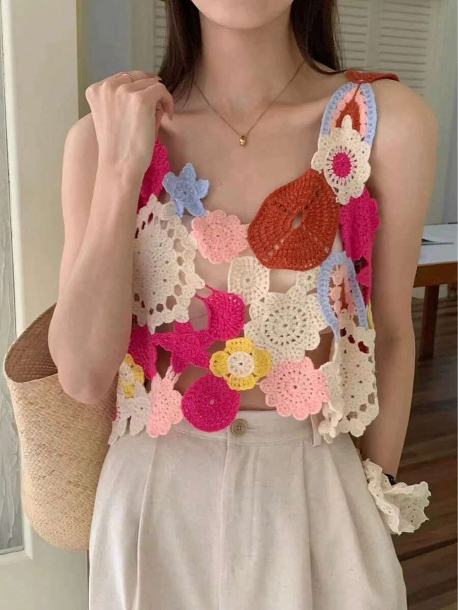 Women's Colorful Hollow Out Embroidered Crochet Knitted Sweater Vest Casual Vacation Summer - Multicolor - View 1