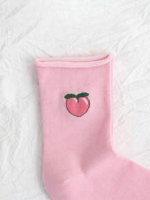 5 Pairs Women Casual Crew Socks With Cute Fruit Print & Letter Design, Comfortable & Versatile, Suitable For Daily Wear, Commute And All Seasons