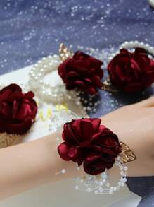 4pcs/Set Wine Red Bride Bridesmaid Wrist Corsage Elastic Faux Pearl Bracelet, For Weddings, Parties, Banquets Valentine's Day Accessories