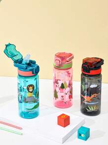 1 pieza Vaso de agua portátil de 600ml con diseño de dibujos animados para niños, tapa con resorte, portátil para estudiantes hombres y mujeres, vaso escolar de plástico portátil hombre y mujer