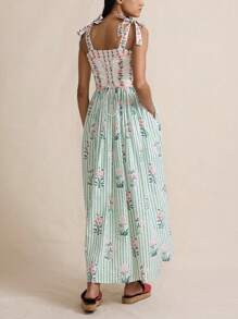 Women Floral Boho Maxi Dress Tie Shoulder Sleeveless Smoked Chest Tiered Flowy Dress Sweetheart Y2k Sundress - màu xanh lá - Xem 3