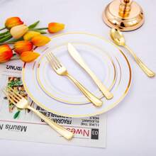 100pcs Cutlery Set - 50 Forks, 25 Knives, 25 Spoons - Plastic Utensils Set For Catering, Parties, Dinners, Weddings,School Supplies - Gold - View 3