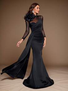 优雅婚礼宾客中长连衣裙，带 3D 花卉网眼，立领，修身，鱼尾下摆，长袖，适合鸡尾酒会、礼服、晚礼服、长袍