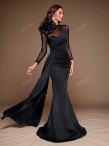Vestido midi elegante para invitados de boda con malla floral 3D, cuello alto, silueta entallada, bajo de cola de pez, manga larga, para cóctel, vestido formal, vestido de noche, vestido de gala