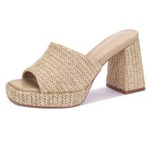 Women's Raffia Wedge Sandals With Chunky Platform Heel, Slide-On Open Toe High Heels For Summer, Great For Casual, Beach, And Everyday Wear Lightweight Design - Màu be - Xem 5