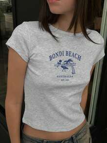 女款夏季 Y2K Hottie 街头风格澳大利亚邦迪海滩印花休闲短袖修身 T 恤上衣外出上衣女款 - 灰色 - 查看 4