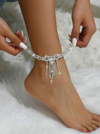 1 件时尚百搭流苏水钻脚链适合女性日常、海滩、婚礼、派对穿着（无盒）