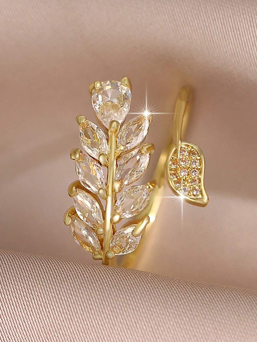 1 Pc Fashionable Leaf Shape CZ Openable Ring Rings For Women Girl Daily Commute Banquet Prom Party Jewelry Gift - Gold - View 1