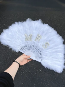 1pc White Feather & Faux Pearl Handheld Fan, Elegant Bridal Wedding Accessory, Romantic Wedding Decor Suitable For Bride, Adult Party, Photography Props - White - View 8