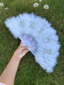 1pc White Feather & Faux Pearl Handheld Fan, Elegant Bridal Wedding Accessory, Romantic Wedding Decor Suitable For Bride, Adult Party, Photography Props - White - View 7