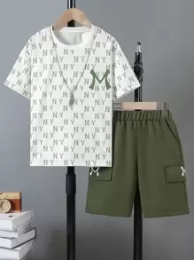 2 件套男童字母全印花 T 恤和短裤套装，休闲，夏季 - 綠色 - 查看 1