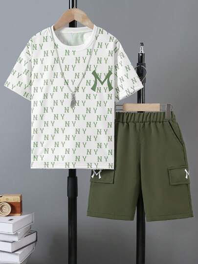 2 Stücke/Set Jungen Komplett Buchstaben Bedrucktes T-Shirt und Shorts Set, Lässig, Sommer