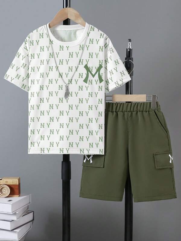 2pcs/Set Boys Letter Full Print T-Shirt And Shorts Set, Casual, Summer