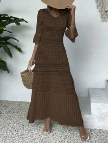 优雅女士时尚休闲V领长袖针织连衣裙，纯白色夏季海滩度假风，简约复古硬币设计，修身镂空剪裁，随机印花图案，适合返校季、秋冬季女装，圣诞节、感恩节和新年长款派对礼服 - 棕色 - 查看 6