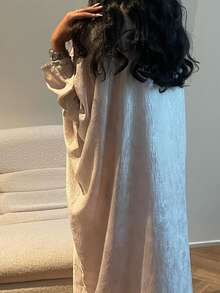 1 件优雅休闲优质纹理长袍，阿拉伯时尚开放式长袍，适合日常穿着和聚会，朴素的长袍 - 杏色 - 查看 3