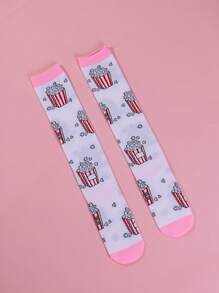 1 Pair Girls Knee High Socks With Popcorn Pattern, White, Cute & Fashion, Versatile For Party, Holiday, Festival, Casual, Sports, School Outfits, Spring New Arrival - White - View 3