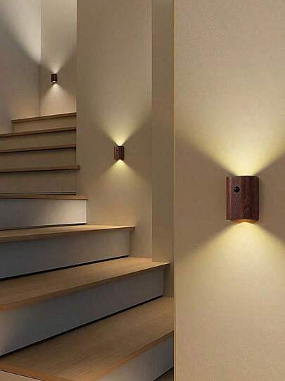 1PC Creative Wood Grain Human Sensor Light, USB Rechargeable, LED Magnetic Night Light, Wall Decoration Atmosphere Lamp, Suitable For Bedroom, Living Room, Office, Study Room, Game Room, Bathroom, Kitchen, Wardrobe, Cabinet, Staircase, Home Decoration Good Item