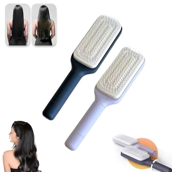 1pc Self-Cleaning Hairbrush, Retractable Hairbrush, Easy Clean Hairbrush With Retractable Bristles, Anti-Static Massage Brush, Easy Hair Removal And Cleaning, Self-Cleaning Brush (Black + Purple)
