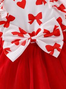 2pcs/Set Baby Girls Summer Elegant Lace Heart Bow Printing Ribbed Patchwork Double-Layer Mesh Splicing 2 In 1 Princess Tutu Dress With Bow Hair Accessory - Red - View 6