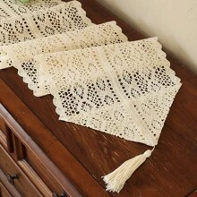 1pc American Country Style Handmade Lace Tassel Table Runner, Decorative For Kitchen, Wedding, Party, Living Room, Dresser