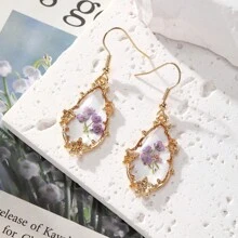 1 对蓝色永生花合金手工树脂花吊坠耳环