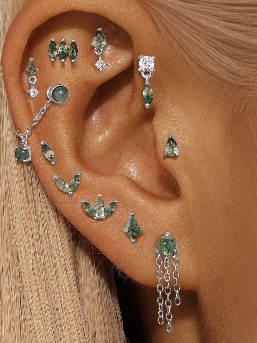 1 pieza Pendientes de plata de ley 925 con ágata de musgo natural para mujer, pendientes minimalistas de encaje plano para boda, fiesta, novia y joyería fina