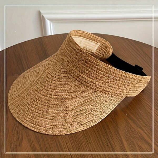 1pc Women's Wide Brim Straw Hat, Foldable Sun Visor, Beach Sunshade Hat, Summer