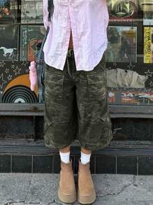 Retro Camouflage Workwear Wide Leg Jeans For Men And Women, Casual Three-Dimensional Large Pocket Seven Quarter Straight Leg Pants - Multicolor - View 8