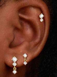 4 piezas Pendientes de cartílago para mujer de plata y oro, pendientes planos para tragus, helix, joyería para perforaciones, hipoalergénicos, pendientes apilables, pendientes de botón de oro para mujeres, pendientes para mujeres, pendientes de espalda plana, pendientes para el segundo orificio para mujeres