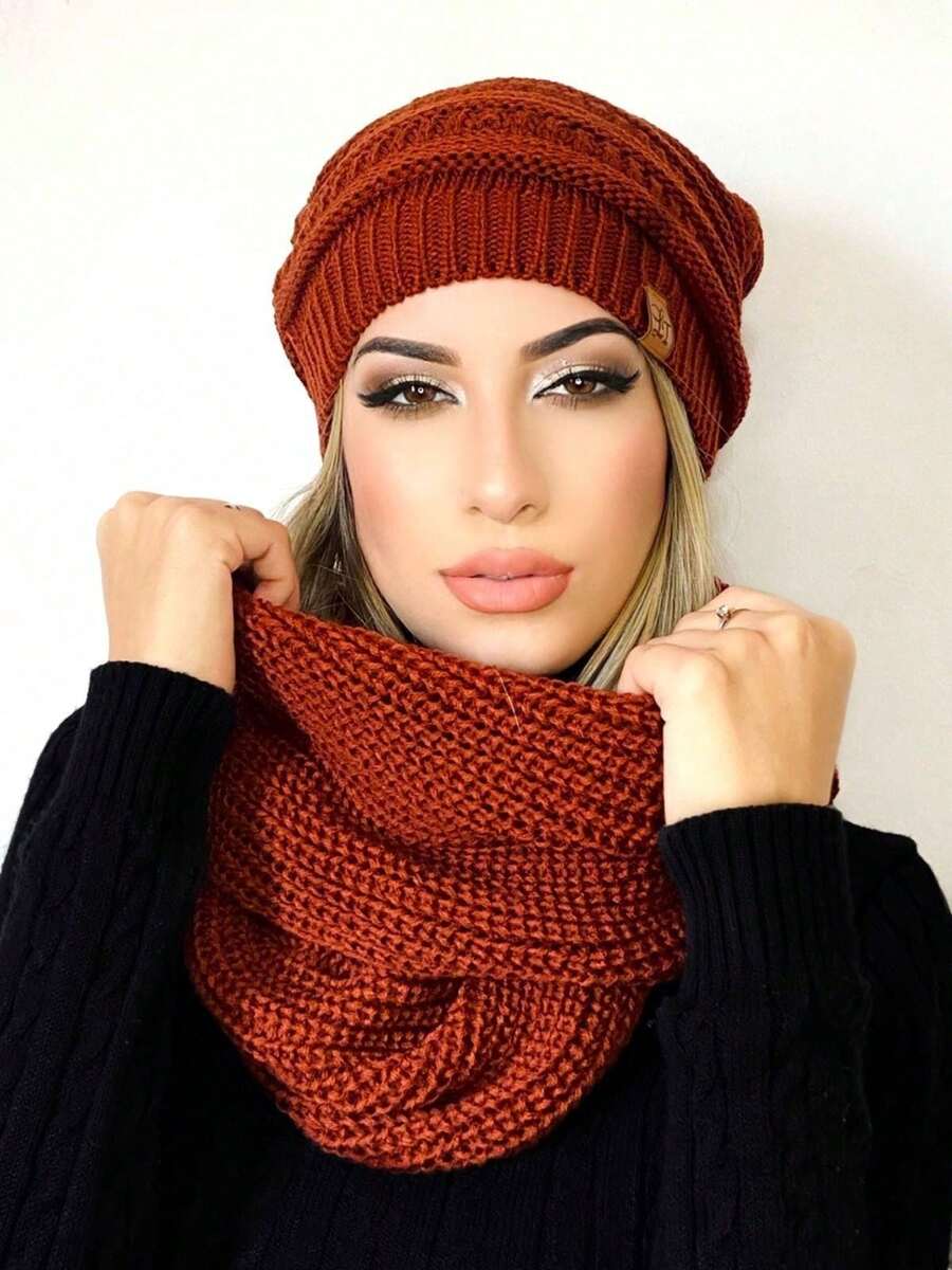 Unisex Knit Infinity Beanie And Scarf Set Soft Wool  Winter Fashion - Bronze - View 1