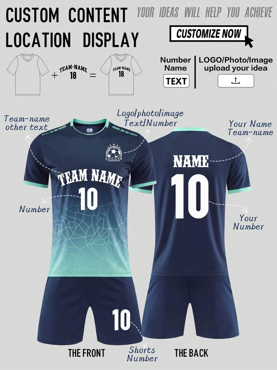 2pcs Personalized Men's Soccer Jersey- Customized Name,Number And Picture Print Short Sleeve T-Shirt+Shorts Sports Set Spring/Summer