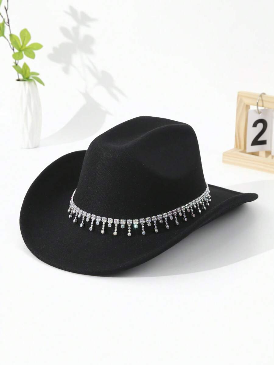 1pc Unisex Rhinestone Decor Boho Ridge Cowgirl Hat Beach Hat Panama Hat Sun Hat Cowboy Hat Jazz Hat Soft Felt Hat Fedora Hat For Outdoor - Black - View 1