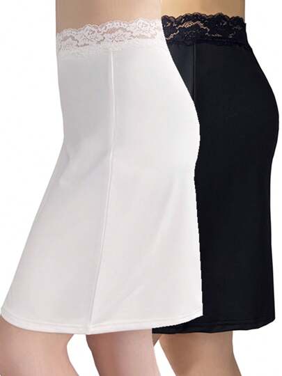 Elegant Lace Trim Solid Skirt, Side Split Half Slips Petticoat, Women's Underwear & Shapewear