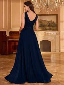 UNITHORSE [随机镂空] 女士V领渐变亮片雪纺腰部收褶纯色优雅派对礼服、婚纱、正式礼服、晚礼服、生日女士服装、毕业礼服 - 藏蓝色 - 查看 2