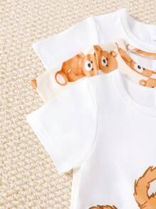 Conjunto de 3 piezas de pelele para bebé niño de manga corta con estampado de oso gráfico, estampado de oso total y blanco sólido, para verano - Multicolor - Ver 5