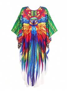 Plus Size Parrot Print Kaftan Dress Women Spring Vacation Beach Outfits - Multicolor - View 5