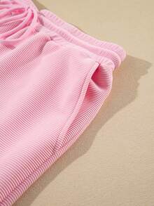 Acelitt Setelan Atasan Crop Top Rajut Warna Polos dengan Lengan Ruffle dan Resleting serta Celana Panjang Lebar untuk Musim Panas, Kasual untuk di Rumah dan Luar Ruangan, Warna Pink Elegan - Berwarna merah muda - View 11
