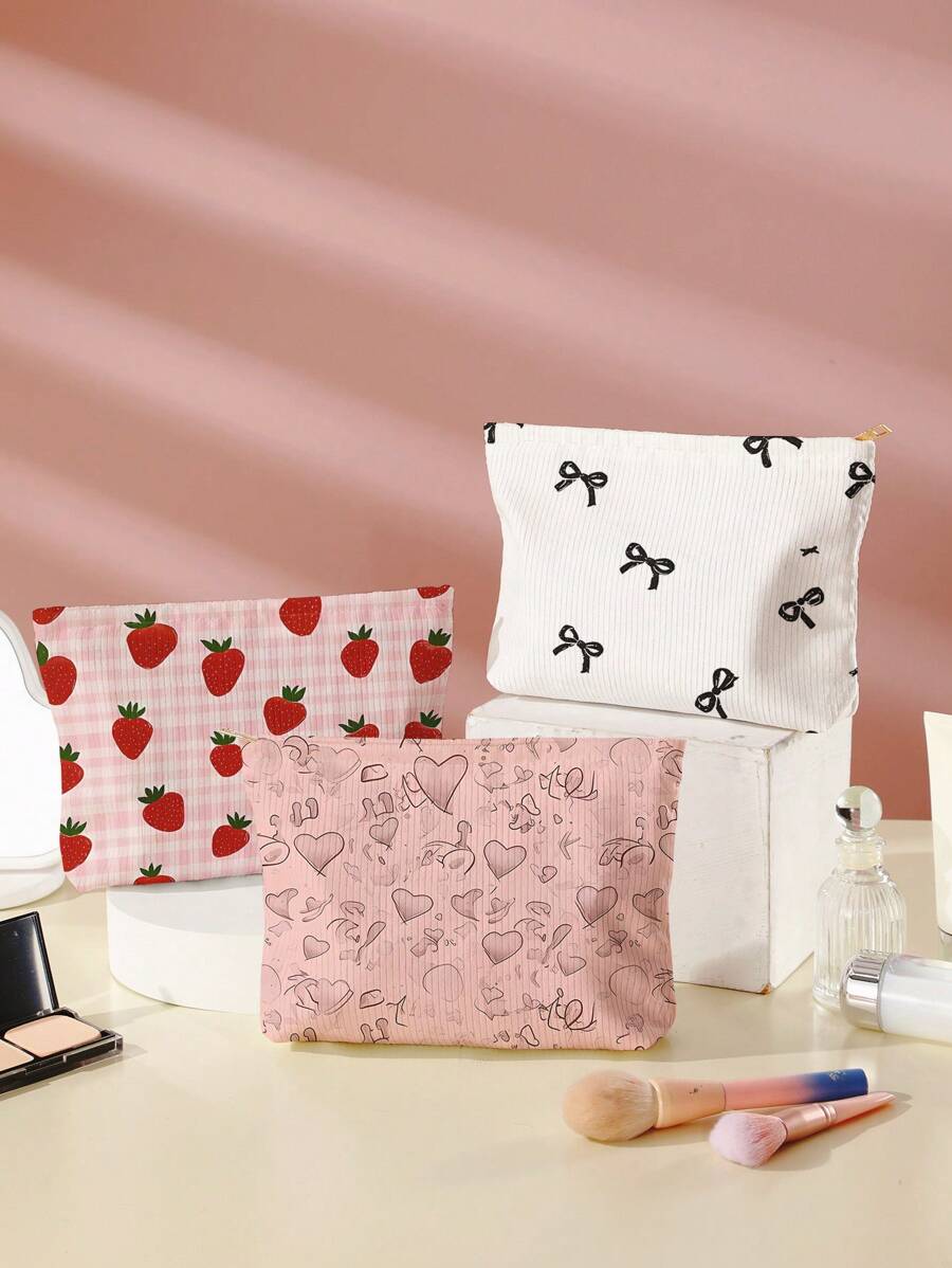 1pc Heart, Strawberry, Bow Print Cosmetic Bag Travel Pouch, Suitable For Beach, Swimming Pool, Swimsuit And Travel Storage Pouch, Makeup Bag, Cosmetics Bag, Vacation Organizer, Large Capacity Toiletry Bag, For Lipstick, Brush, Skincare, Phone, Coins, Small Items, Multipurpose Use For Home, Gifts, Vacation And Holidays, Teenage Toiletry Organizer, School Makeup Bag, Back To School Supplies, Cosmetics And Toiletries Storage, School Supplies, Storage Bag, Room Essentials - Multicolor - View 1