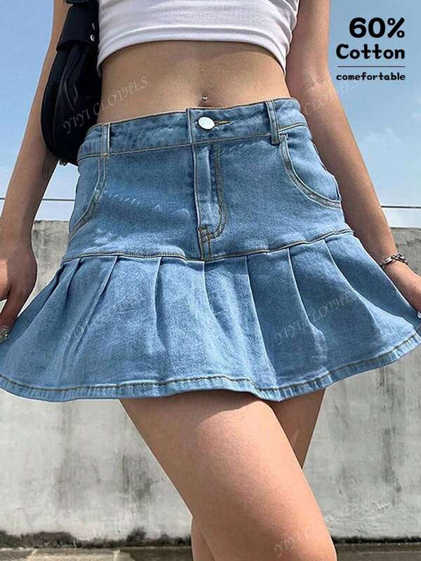 Verão Casual Y2K Estilo Plissado Denim Mini Saia Para Festival De Música