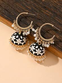 1 par de pendientes elegantes con aro y colgante de perla artificial, con decoración de flor con efecto de goteo de aceite, adecuado para uso diario, festivales, bodas y fiestas de mujeres